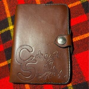 Vintage Brown Leather Embossed Hand Tooled Stitched Book Cover Buffalo Nickel CS